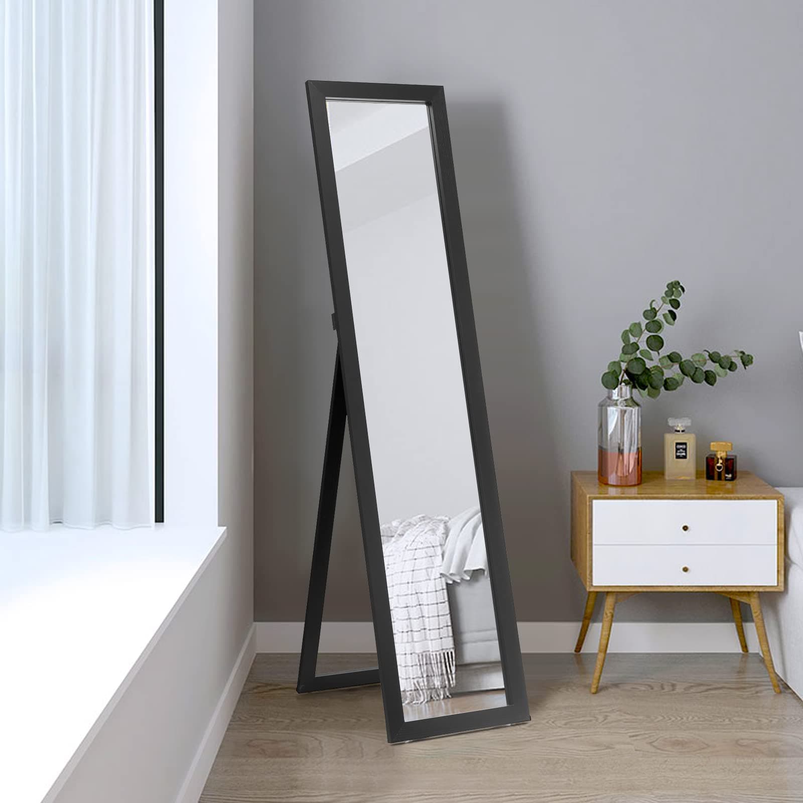 Giantex Full-Length Wood Mirror, Standing Mirror & Wall Mirror, Country House Style Cloakroom Mirror w/Wooden Frame, Free-Standing, for Bedroom, Living Room, Clothing Store (Black) thumbnail 8