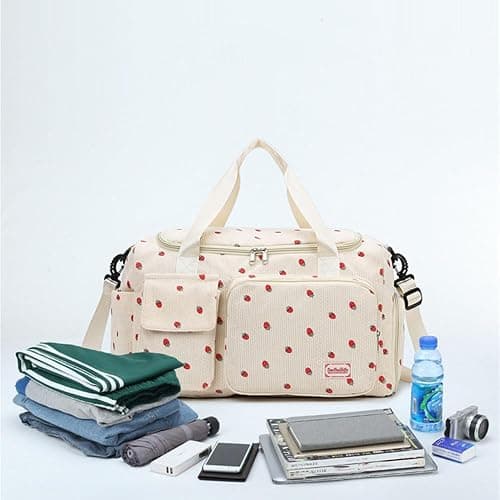 Strawberry Duffel Bag for Girls,Corduroy Gym Bag with Shoe Compartment & Wet Pocket,Cute Travel Weekend Overnight Dance Bag for Teens (white) thumbnail 9