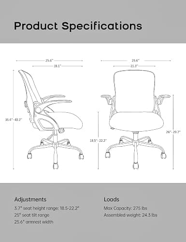 Home Office Chair，Ergonomic Mesh Desk Chair with Adjustable Lumbar Support, Flip-up Arm Rocking Swivel, Mid-Back Comfy Computer Chair (White-Pink) thumbnail 2