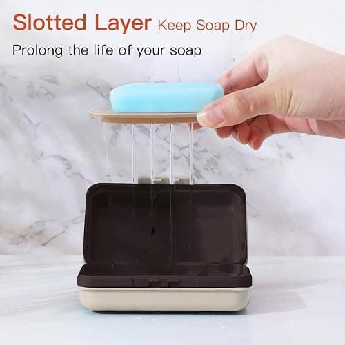 Quatish Leakproof Bar Soap Holder Dish with Lid for Shower, Portable 1 Pack Travel Soap Case Box for Gym, Camping, Hiking, Outdoor Use, Travel Size Toiletries Essentials, Keeps Soap Dry, Brown thumbnail 4