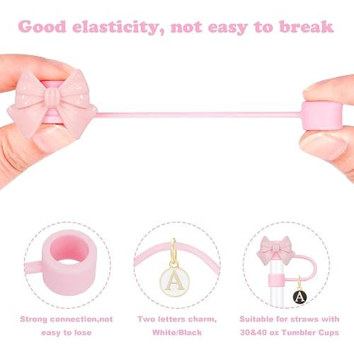 Cute Bow Straw Cover for Stanley Cup With 2 Initial Letter Charms Name ID Accessories Compatible With Stanley 30&40 OZ 10mm Straw Topper, Drinking Straw Covers Cap for Tumble Cups (Pink Bow+A) thumbnail 2