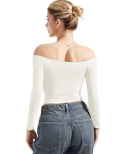SUUKSESS Women Off Shoulder Double Lined Long Sleeve Shirts Basic Going Out Tops thumbnail 4
