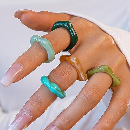 ZMJK 5Pcs Acrylic Irregular Chunky Rings for Women Colorful Resin Wave Stackable Knuckle Ring Set Fashion Plastic Statement Jewelry thumbnail 3