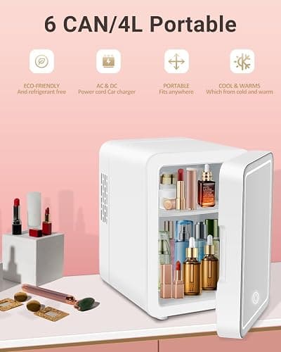 NISHCON Portable Mini Fridge for Skincare Beauty Cosmetic Makeup, 4-Liter Thermoelectric Cooling and Warming Skin Care Refrigerator With Mirrored Door and Dimmable LED Light, White thumbnail 6