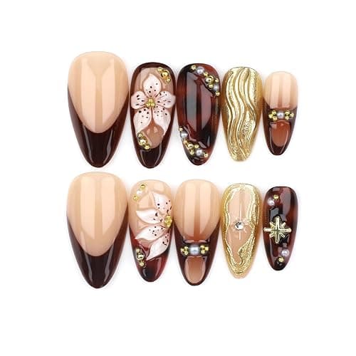 Auroriel 24 Pcs Moyen Amande Pression Sur Ongles Fleurs Marron Manucure Française 3D Or Structure Étoile Ongles Art Pour Ensemble D'Ongles Pour Femmes Manucure thumbnail 6