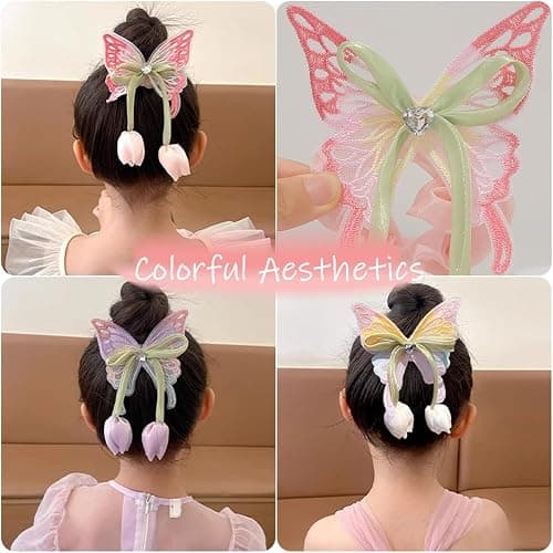 Ouliget Butterfly Satin Scrunchies,Cute Elastic Toddle Hair Ties with Bows and Flowers Colorful,Creative Hair Ties Ponytail Decorative Headwear for Christmas Party Decoration thumbnail 3