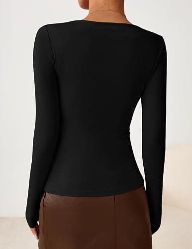 ZESICA Women's Long Sleeve Asymmetrical Neck Ruched Slim Fit Shirts 2025 Fall Fashion Casual Tee Going Out Tops thumbnail 3