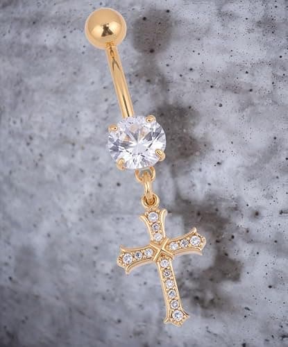 B BodyPJ Sparkles 14G Religious Belly Button Ring with Crystal Cross and Religious Charms, Stainless Steel thumbnail 3