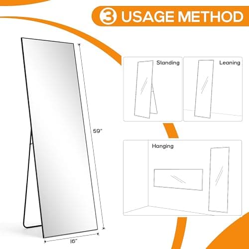 Aidoly Mirror Full Length, Upgraded 16"x59" Body Wall Mirrors with Shatter-Proof Glass, Floor Standing, Hanging or Leaning, Tall Mirror with Stand Aluminum Alloy Frame for Bedroom Cloakroom | Shatter-Proof Glass, Floor Standing, Hanging or Leaning, Tall Mirror with Stand Aluminum Alloy Frame for Bedroom, Black thumbnail 7