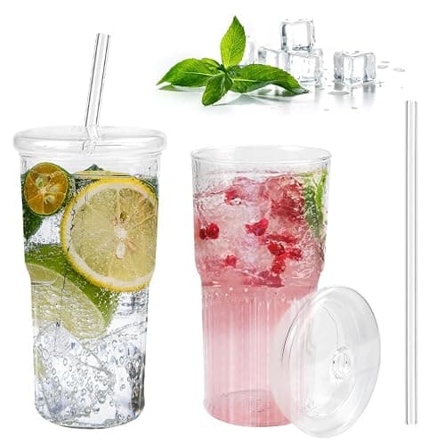 REFORUNG 550ML Trinkbecher mit Deckel und Strohhalm Glas Bubble Tea Becher Glasbecher Trinkglas mit Deckel Smoothie Becher aus Glas To Go Becher Kaffeebecher mit Trinkhalm für Saft Kaffee Wasser Tee - Image 1
