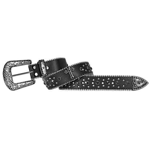 JASGOOD Rhinestone Studded Belt for Men Women, Western Leather Belt for Cowgirl Cowboy Vintage Bling Belt for Pants Dress thumbnail 2