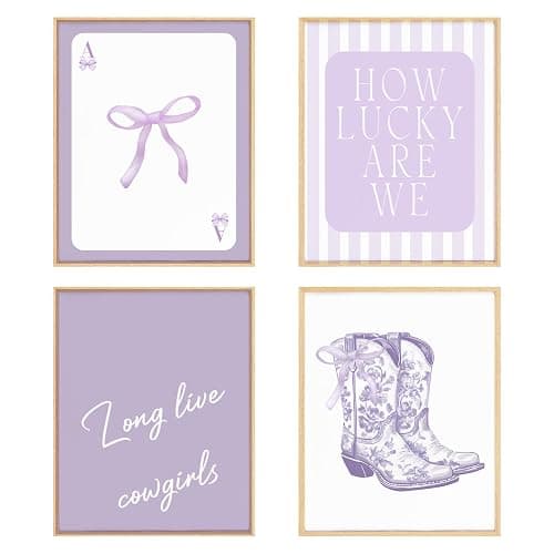 BRRNYOI Purple Western Cowgirl Wall Art Posters Set of 4, Western Room Decor, Coquette Preppy Bow Cowgirl Boots Canvas Prints Wall Decor for Girls Bedroom Dorm Apartment, 8x10 Unframed - Image 1