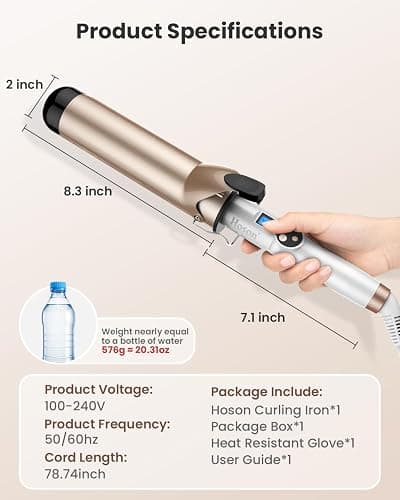 Hoson Curling Iron 2 Inch-Ceramic Wand Large Barrel for Long Hair | Big Curling Iron Wand with Extended Barrel for European,Dual Voltage, thumbnail 6