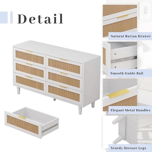 NTYUNRR 51.18" Rattan Dresser for Bedroom, Mid Century 6 Drawer Dressers, Wooden Dresser Chest of Drawers, White Modern Closet Boho Dressers Storage Cabinet, for Living Room Hallway Entryway, M thumbnail 5