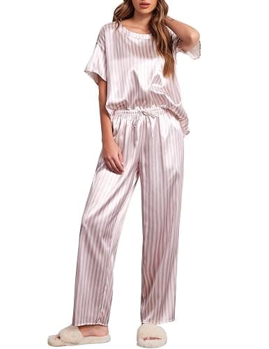 Ekouaer Womens Satin Silky Pajama Set Short Sleeve Shirt with Long Pajama Pant Set Soft PJ Loungewear thumbnail 4