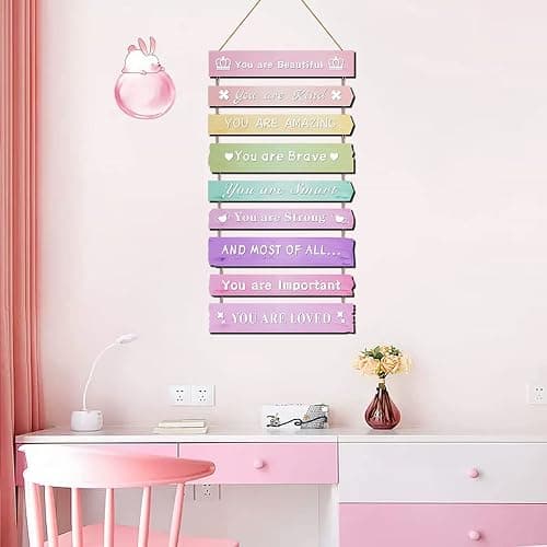 Pink Room Decor for Teen Girls Aesthetic, Cute Bedroom Wall Decor for Baby Girl, Boho Rainbow Wall Art Signs, Trendy Stuff Decorations for Kids Nursery Bed Room Dorm Classroom Bathroom thumbnail 6