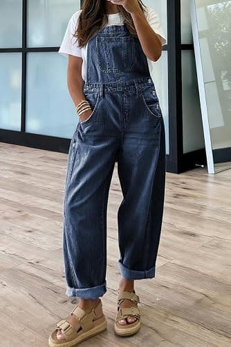 chouyatou Women's Baggy Adjustable Strap Denim Bib Overalls Barrel Jeans Casual Loose Wide Leg Denim Pant Jumpsuits thumbnail 2