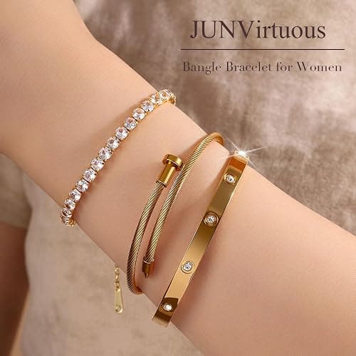 JUNVirtuous 3-Pack Gold Bracelets for Women,18K Gold Plated Bangle Tennis Bracelets Stack Set for Women Trendy Non Tarnish Stainless Steel Gold Bangles Accessories Designer Jewelry Pulseras Para Mujer thumbnail 6