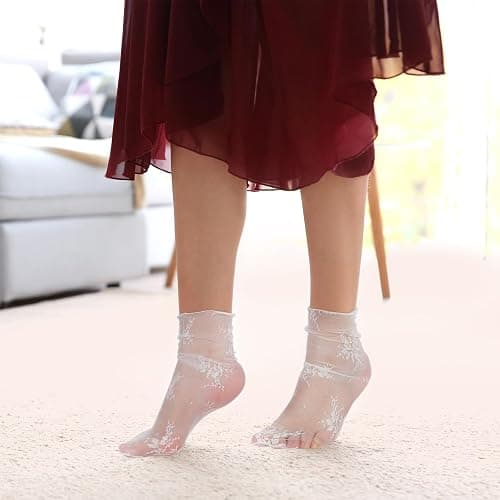 Bencailor 4 Pairs Women Sheer Slouch Socks Lace Mesh Novelty Decorated Nylon Loose Ankle High thumbnail 5