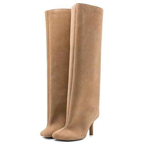 VOZTOLLS Women's Knee High Suede Boots for Women Wide Calf Square Toe Stiletto Heels Tall Boots Pull On High Heel Long Booties - Image 1