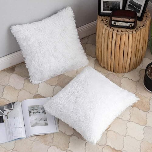 ANRODUO Pack of 2 White Throw Pillow Covers Luxury Fluffy Pillows Faux Fur Decorative Pillows Plush Cushion Case Fuzzy Mongolian Merin Style for Bed Couch Sofa Living Room Fall Home Decor 18x18 Inch - 18" x 18" (Pack of 2) - White thumbnail 2