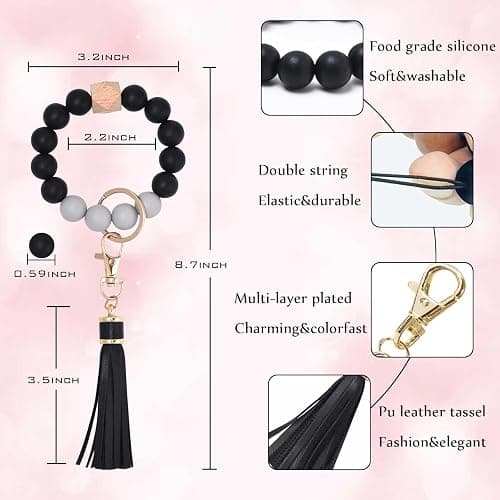 BAOSIWA Silicone Beaded Bracelet Keychain Wristlet Key Ring Bangle Chains for Women with Leather Tassel thumbnail 2