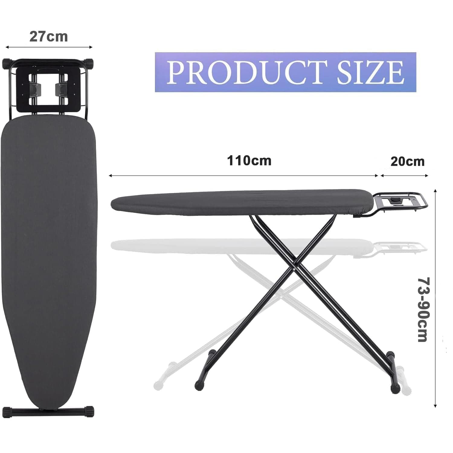 Quintin Ironing Board 110×33cm Folding Iron Board with Iron Rest | 73-90cm Adjustable Height Heavy Sturdy Legs,Extra Thick Heat Resistant Surface Cover, Space Saving Design Home thumbnail 2