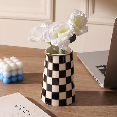 Porlien Checker Porcelain Flower Vase Home Decor Set of 2 with 5.5' High and 8' High Flower Bottle thumbnail 6
