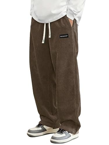 Hidkat Mens Corduroy Casual Pants Fashion Loose Fit Wide Leg Pants Straight Sweatpants Elastic Waist Drawstring - Image 1