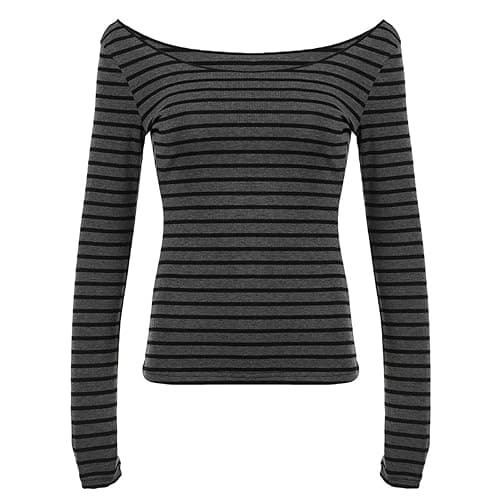 Women Striped Long Sleeve Grunge Shirt Tops Off The Shoulder Y2K Gothic Aesthetic Fairy T Shirts Vintage Tee Fall Clothes thumbnail 6