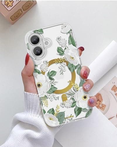 SCORPIFY for iPhone 16 Case [Compatible with MagSafe] with White Rose Floral Design, Cute Clear Flower Magnetic Phone Cover for Women Girls, [Non Yellowing] Slim Bumper with Gold Accents thumbnail 3