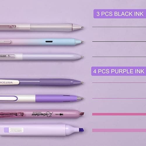 WRITECH Gel Pens Journaling Highlighters: 0.5 &0.7mm Purple Journal Set 7ct | Black & Multicolor Pen Highlighter No Bleed Smooth Writing for Drawing Journaling Teachers Nurses Office Gift thumbnail 3