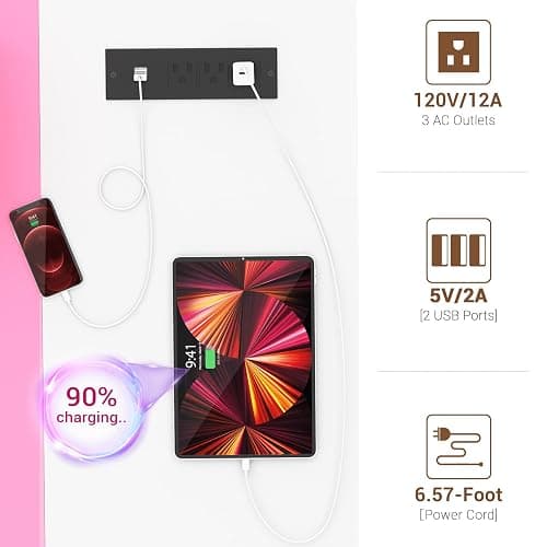 Armocity Computer Desk with LED Lights, 55 Inch Desk with Power Outlet and USB, Reversible Large Desk with Moveable Monitor Stand, 55.2'' Gaming PC Table for Home Office, Workstation, Pink and White thumbnail 9