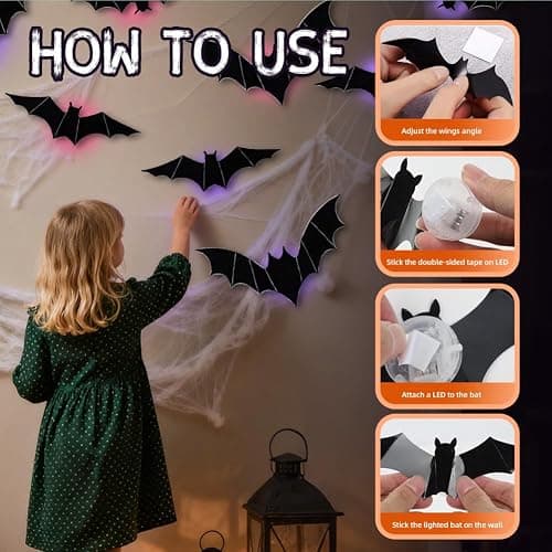 2026 New Halloween 3D Lighted Bats, LED Purple Lighted 3D Bats Halloween Decoration, Upgrade LED Glowing Bat Group Hanging Wall Luminous Glow Clings Multipack (12Pcs Black) thumbnail 7