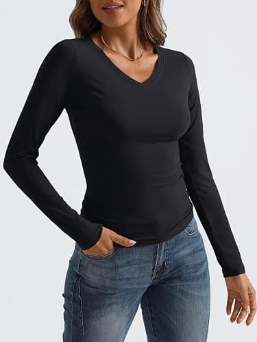 Trendy Queen Long Sleeve Shirts for Women 2025 Fall Fashion V Neck Basics Crop Tops Slim Fitted Y2K Tops Outfits Clothes thumbnail 5