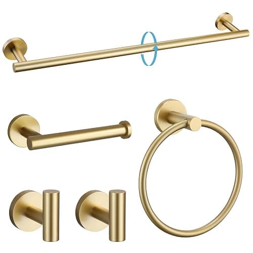 TURS Brushed Gold 5 Piece Bathroom Hardware Set, SUS304 Stainless Steel 24 Inch Bath Towel Bar Set, Round Bathroom Accessories Kit Wall Mounted - Image 1
