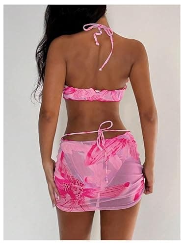 SOLY HUX Women's 3 Piece Swimsuit Floral Halter Bikini Set Beach Vacation Bathing Suit with Drawstring Cover Up Skirt thumbnail 2