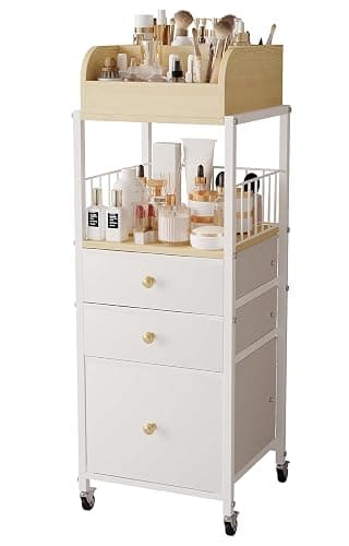 Makeup Organizer Cart with Drawers, Make up Organizers for Vanity, Floor Skincare Organizers- for Cosmetics, Nail Polish, Art Supply, Bathroom Vanity Desktop Organizer (White) - Image 1