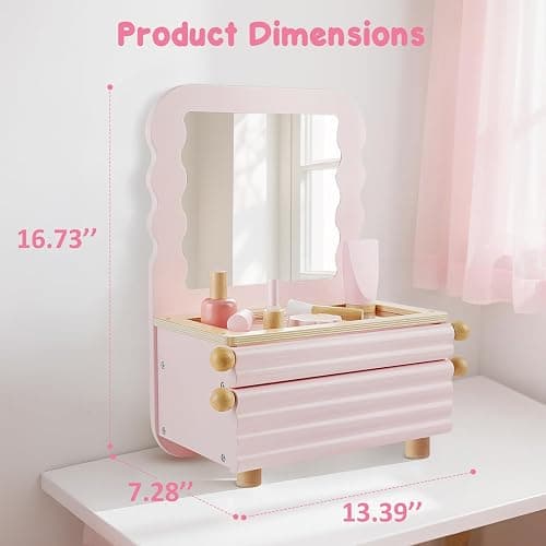 PIIKAGO Wooden Kids Vanity Set with Acrylic Display Case, Pretend Play Toddler Makeup Vanity for Girls, Beauty Salon Set with Makeup Accessories, Little Girls Gift Age 3+ (Pink) thumbnail 3