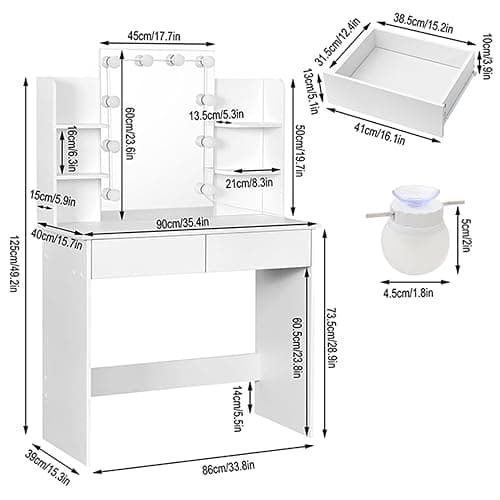Cemoxul White Vanity Desk with Mirror and Adjustable Hollywood Lights, Makeup Vanity Desk with Lights 3 Color Modes, 2 Drawers & 4 Storage Shelves, Compact Dressing Table for Small Space thumbnail 2