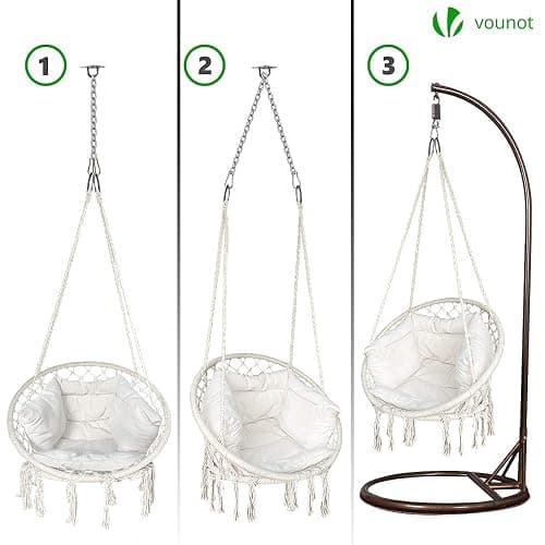 VOUNOT® Hanging Chair with Cushion, Macrame Hammock Swing Chair for Bedroom, Balcony, Patio, Garden, Indoor or Outdoor, 265LBS Capacity, Beige thumbnail 5
