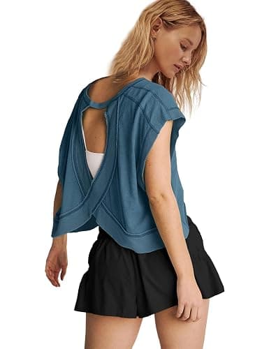 Panadila Womens Open Back Workout Top Oversized Workout T Shirts Backless Athletic Shirt Short Sleeve Baby Tee thumbnail 3
