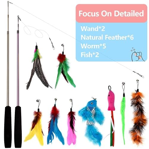 Bojafa Cat Toys for Indoor Cats Adult: Interactive Kitten Feather Wand Toys - 15Pcs Cat Teaser Toys - 15Pack thumbnail 7