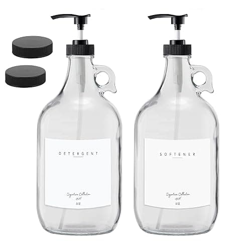 Laundry Detergent Dispenser for Laundry Room - Two Half Gallon Glass Jugs for Fabric Softener Dispenser, Liquid Laundry Soap Dispenser and Bleach - 64 oz. Black Commercial Liquid Pump Dispenser - Image 1