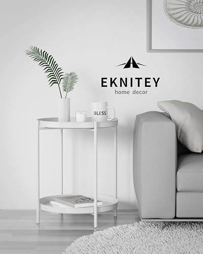 EKNITEY 2 Tier End Table - Metal Side Table Waterproof Small Sofa Coffee Side Tables Bedroom Indoor Outdoor with Removable Tray for Living Room Bedroom Balcony and Office (White) thumbnail 5