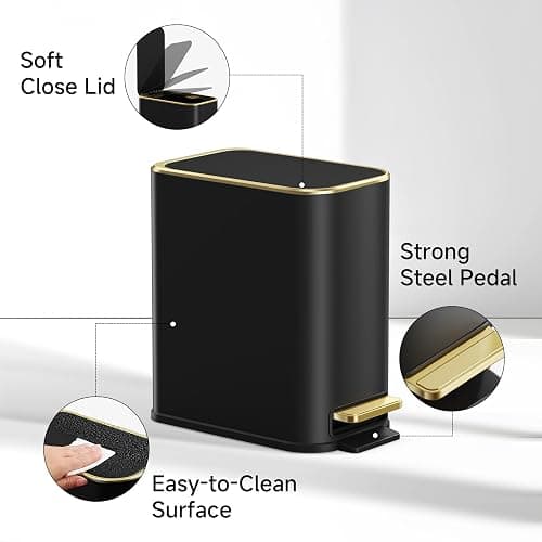 TIPGO Small Bathroom Trash Can with Lid Soft Close, Step Pedal, 5 Liter / 1.3 Gallon Stainless Steel Trash Bin, Slim Garbage Cans for Toilet, Office, Bedroom (Black) thumbnail 3