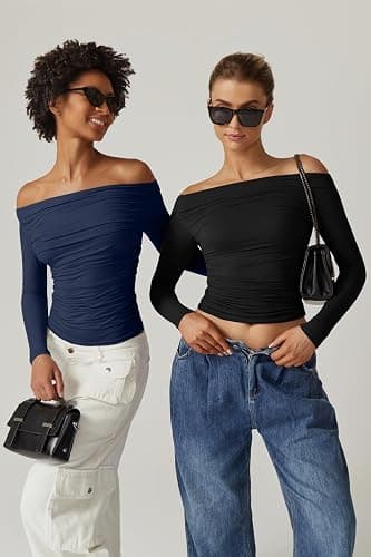 QINSEN Womens Off Shoulder Long Sleeve Tops Ruched Going Out Crop Slim Fitted Double Lined Shirts thumbnail 5