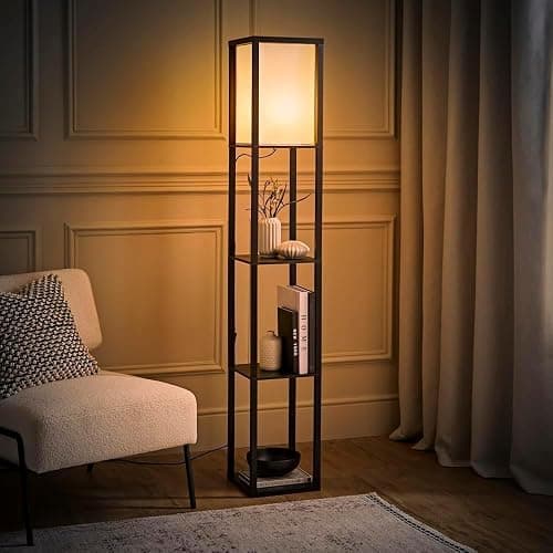 MiniSun | Black Wooden Floor Lamp with Shelves | Floor Lamps & Torchieres, Home Décor & Improvement Essential | Includes 10W GLS Bulb [3000K Warm White] - Image 1