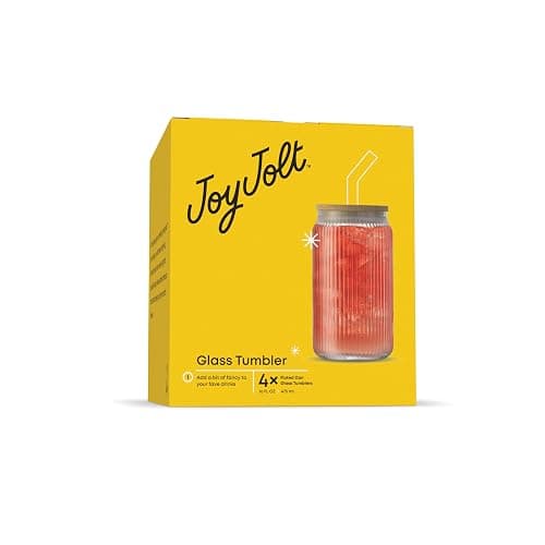 JoyJolt Fluted Glass Tumblers with Bamboo Lids and Glass Straws, Ribbed Can Shaped Drinking Glasses Set of 4, 16oz Cup with Lids and Straws, Iced Coffee Cups, Cocktail/Beer Glasses, Tea Cups thumbnail 9