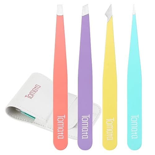 Tomata Tweezers for Eyebrows, Slant Tip and Pointed Eyebrow Tweezer Set Great Precision for Eyebrows Facial Hair, Ingrown Hair, Splinter, Blackhead and Tick Remover (4-piece) (Multi-color) - Image 1